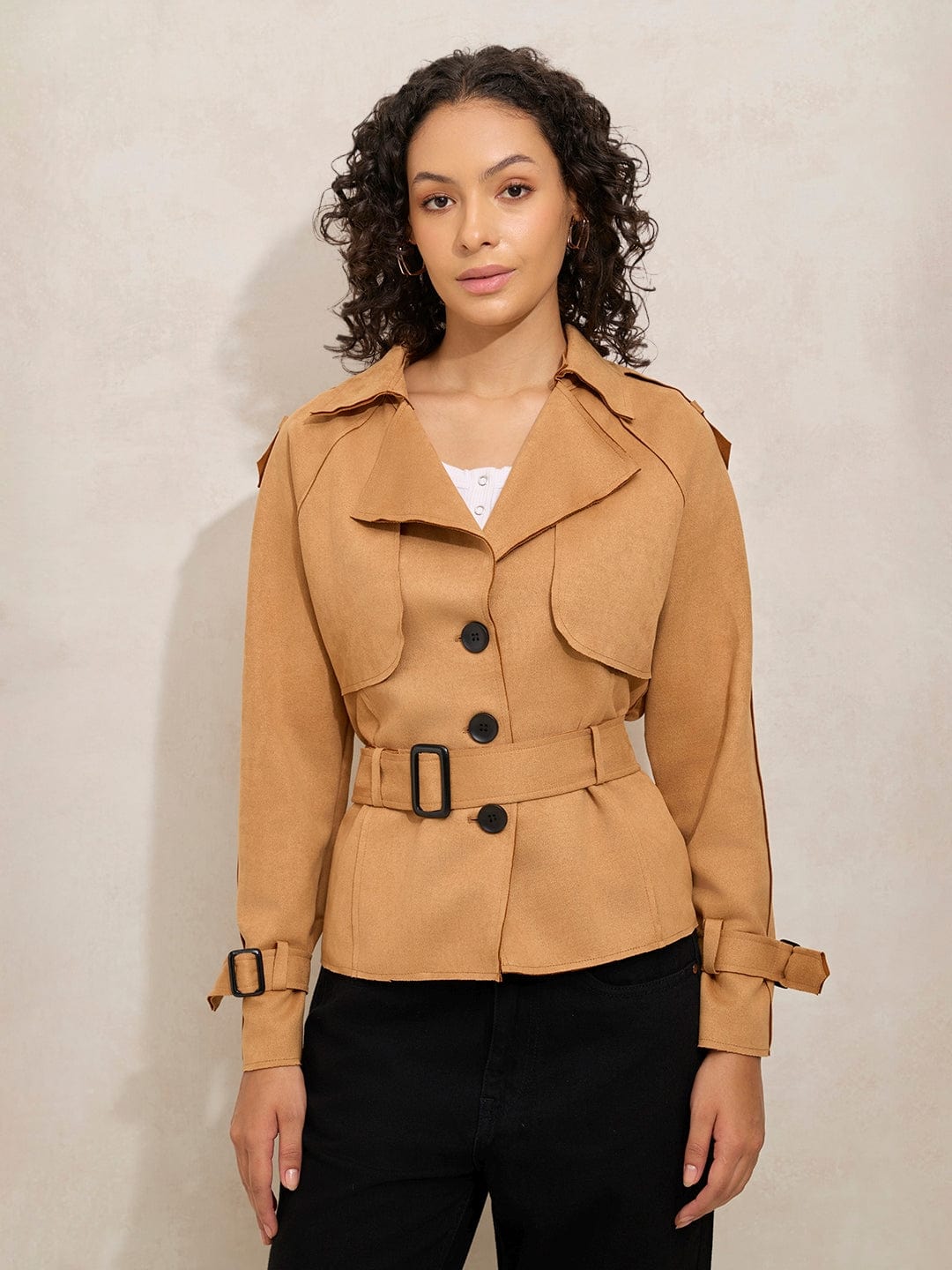 Women's Brown Tailored Jacket with Shoulder Flaps and Belt