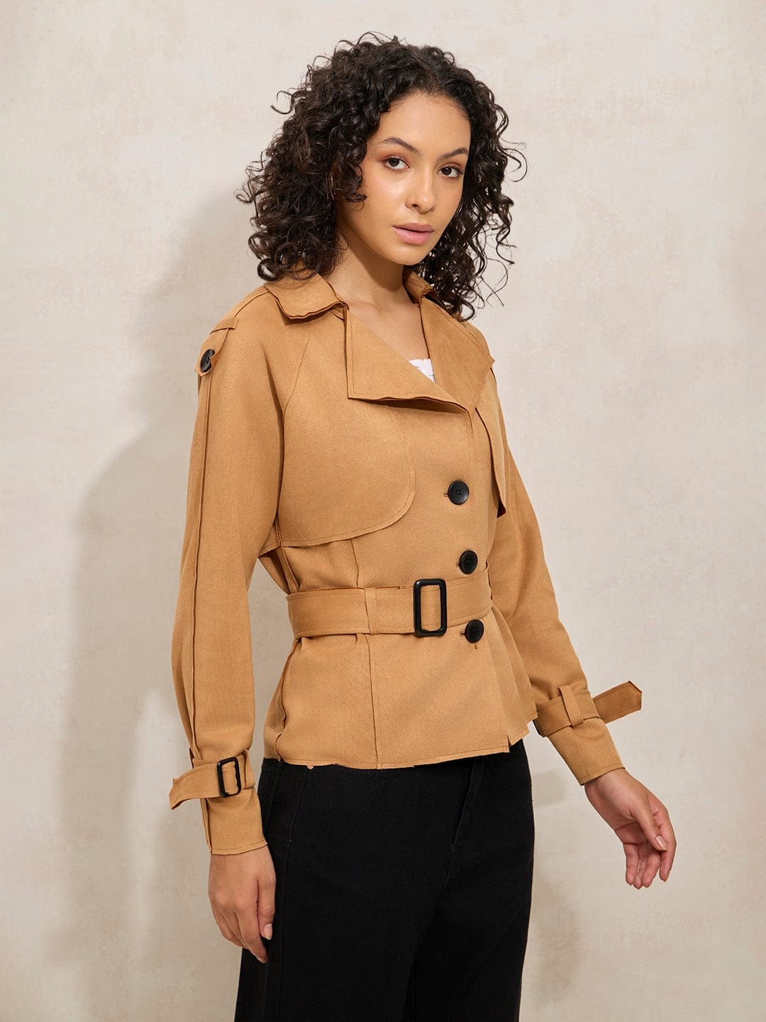 Women's Brown Tailored Jacket with Shoulder Flaps and Belt