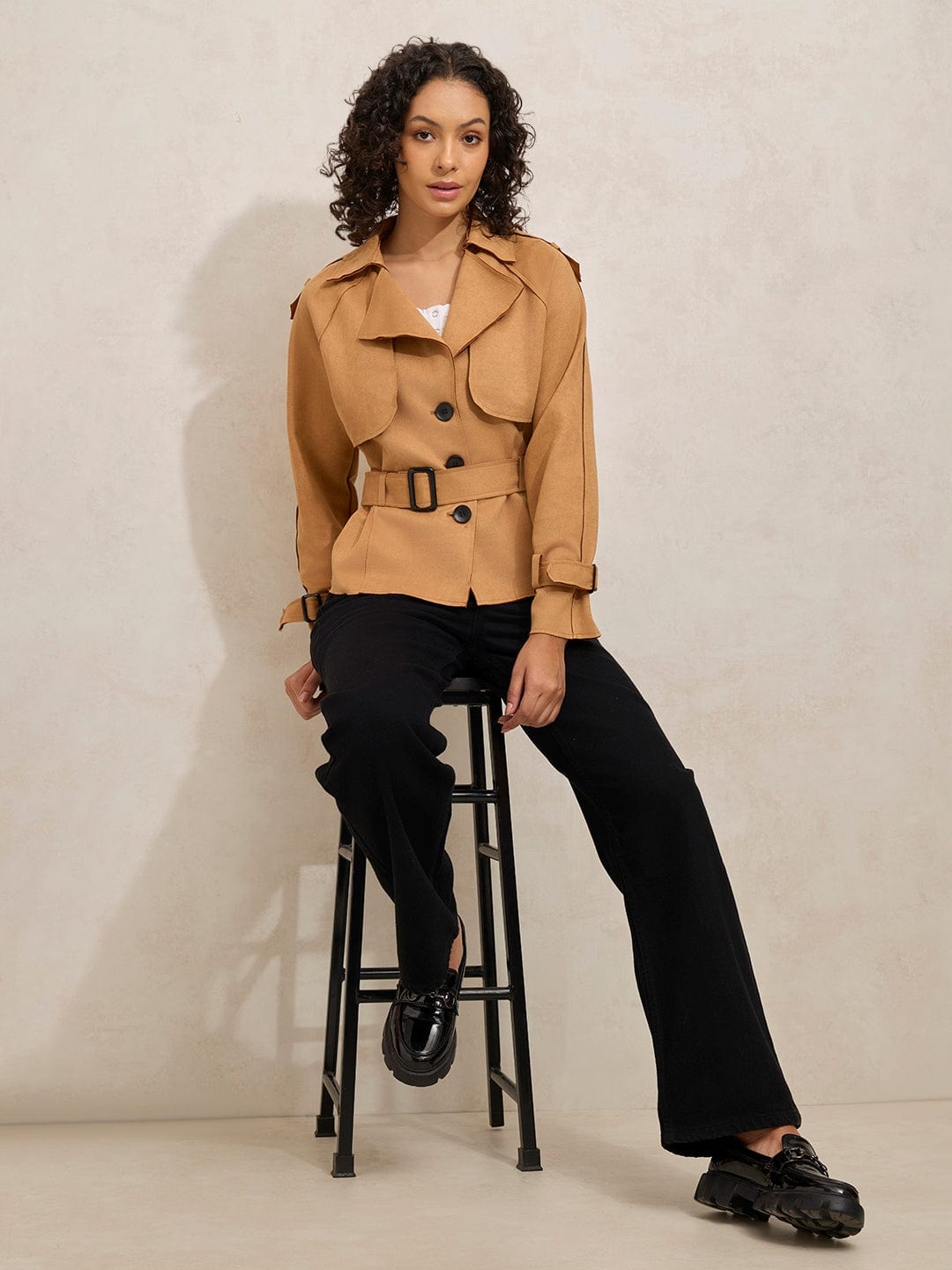 Women's Brown Tailored Jacket with Shoulder Flaps and Belt