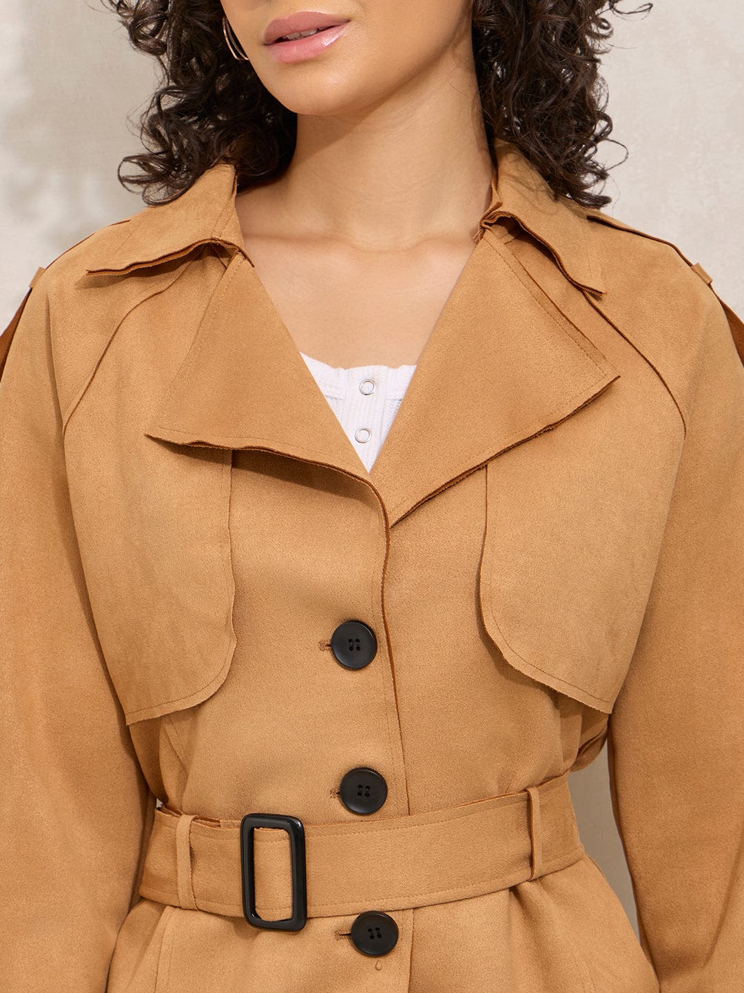 Women's Brown Tailored Jacket with Shoulder Flaps and Belt