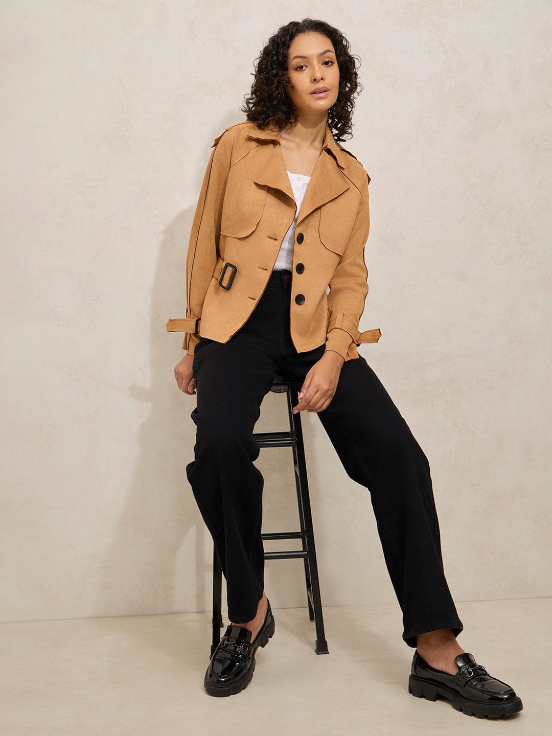 Women's Brown Tailored Jacket with Shoulder Flaps and Belt