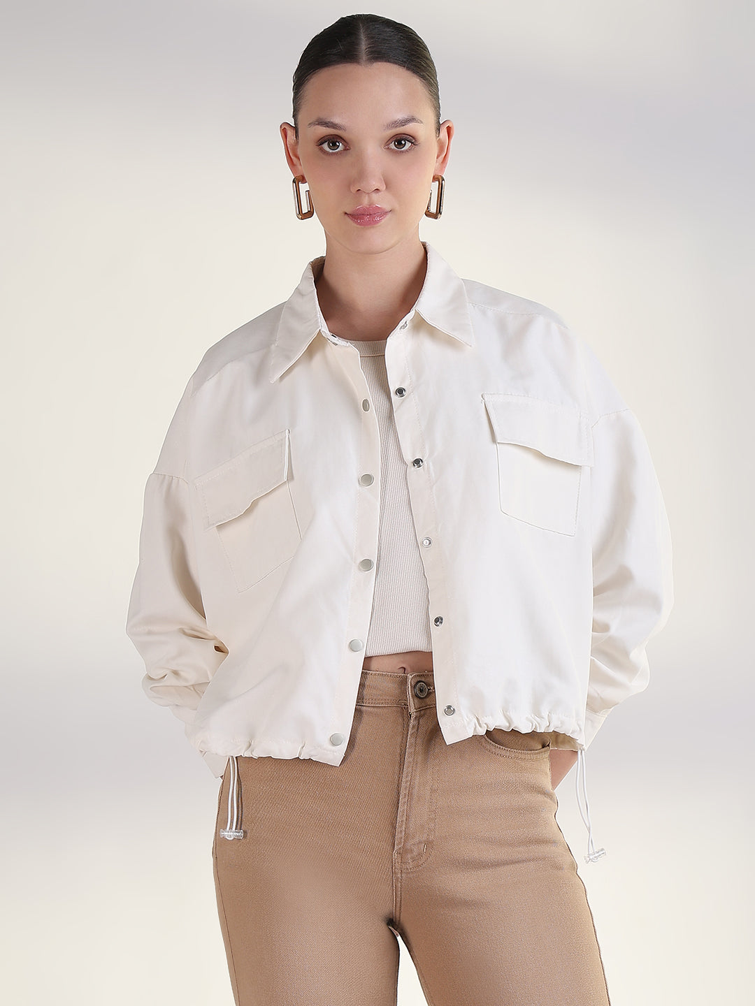 Women's Solid Cream Spread Collar Tailored Jacket