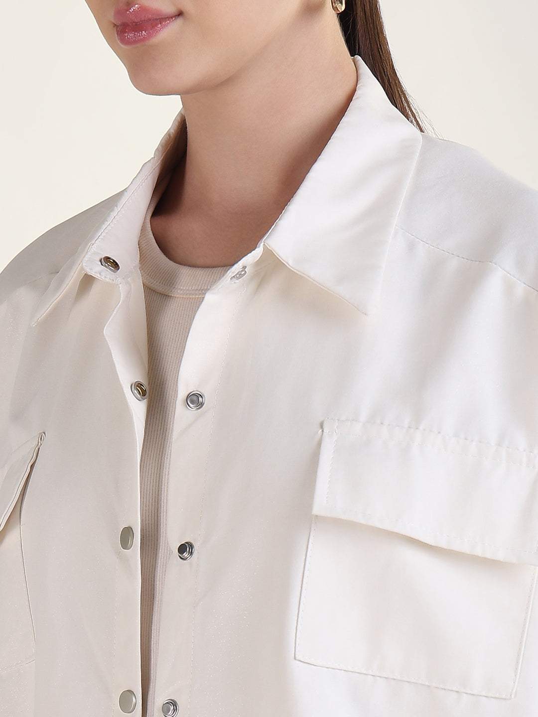 Women's Solid Cream Spread Collar Tailored Jacket