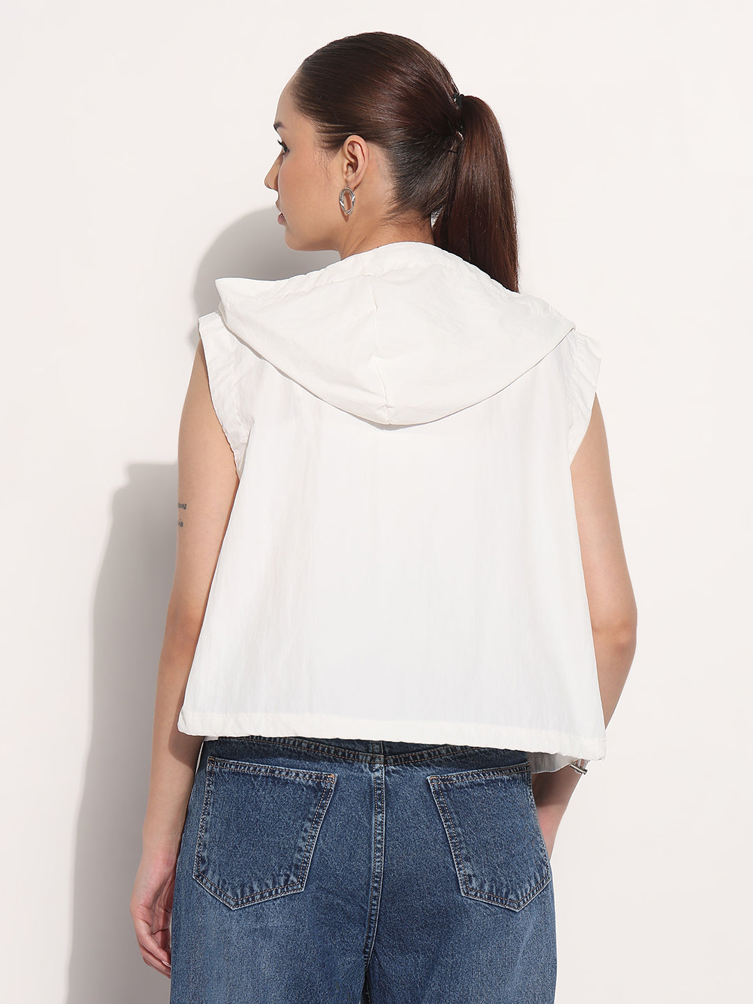 Women's White Hooded Sleeveless Bomber Jacket