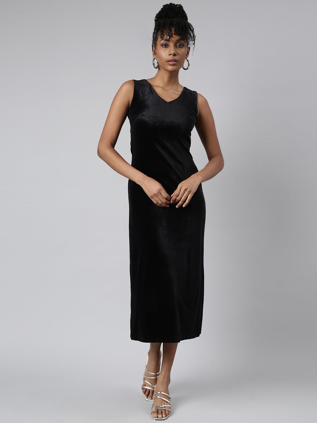 Women's Black Velvet V-Neck A-Line Midi Dress