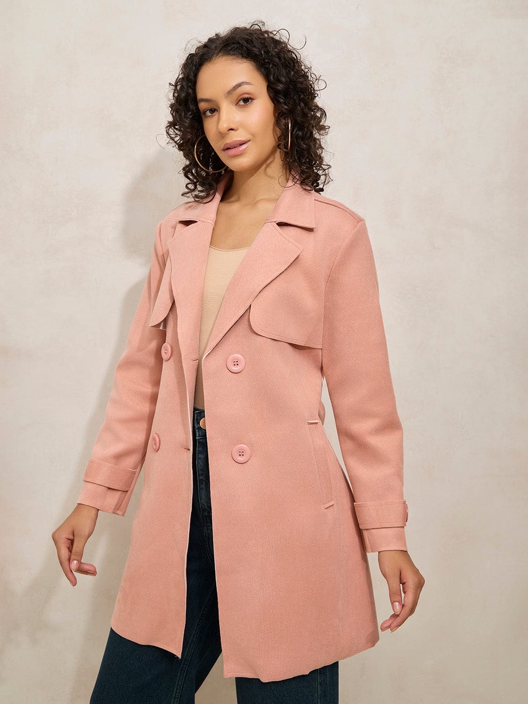 Women's Peach Trench Coat with Shoulder Flaps