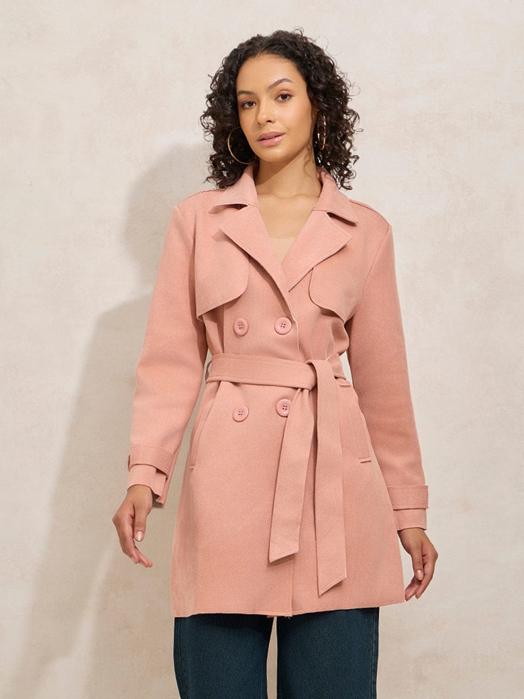 Women's Peach Trench Coat with Shoulder Flaps