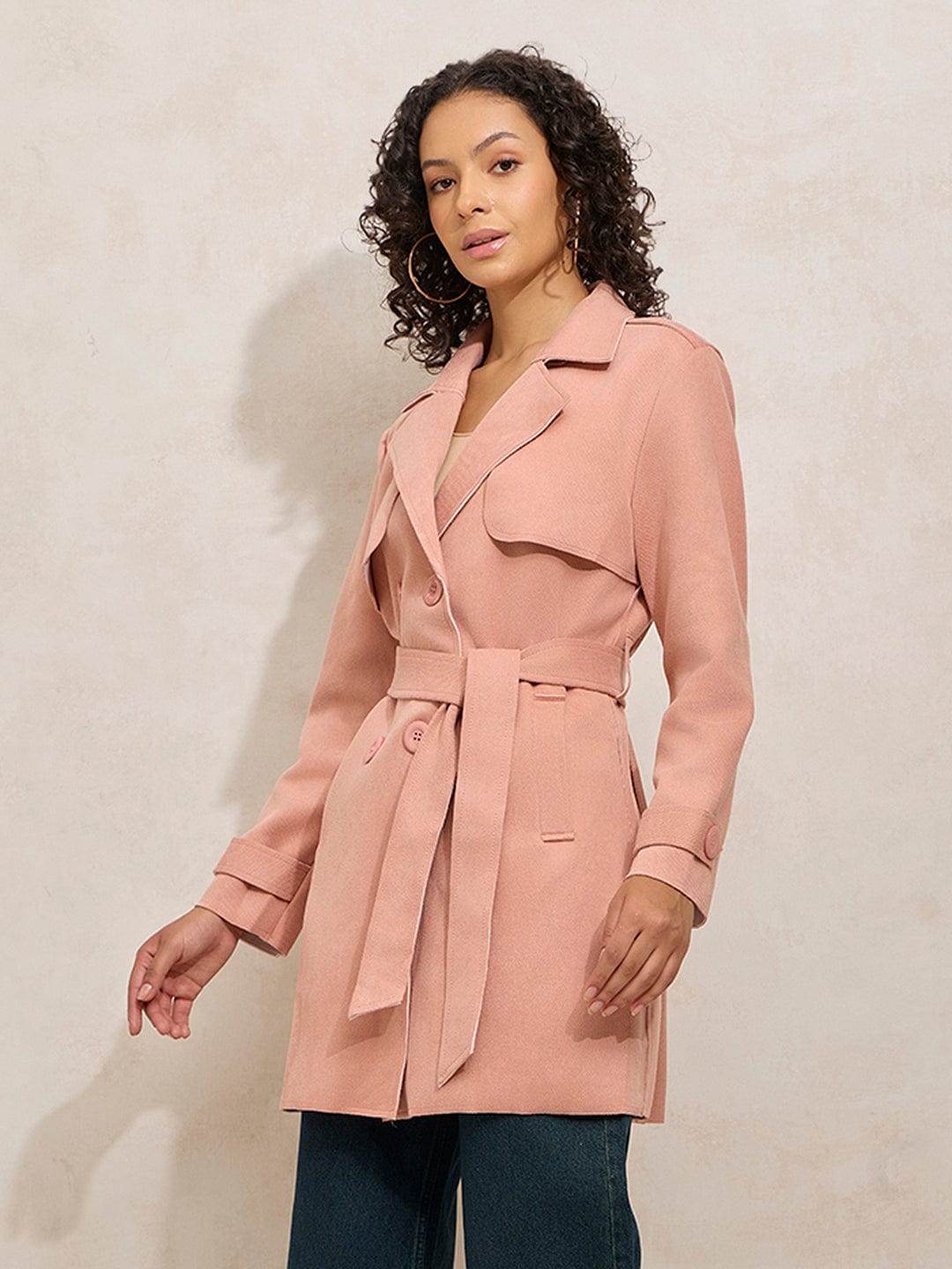 Women's Peach Trench Coat with Shoulder Flaps