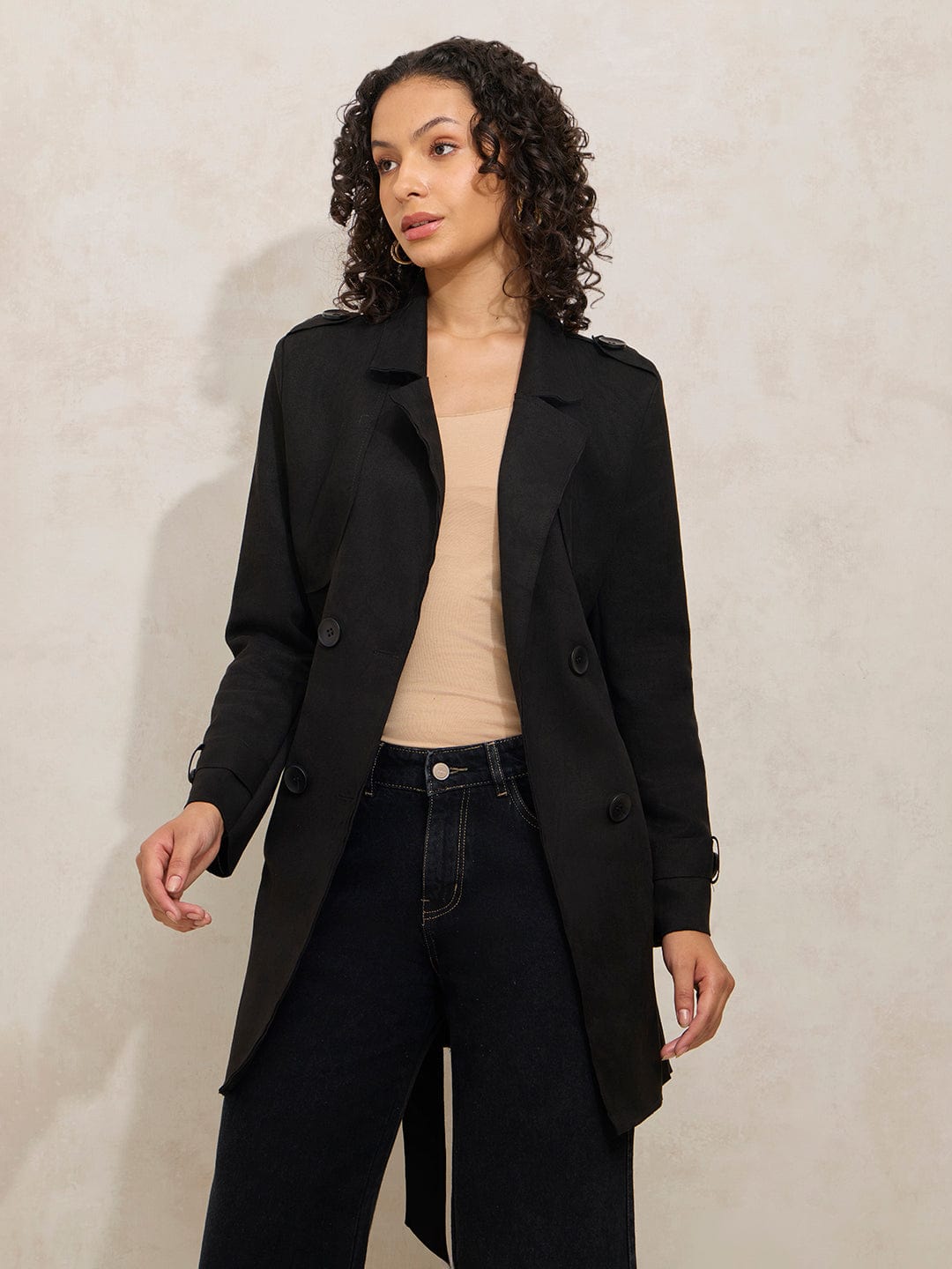 Women's Black Double Breasted Trench Coat with Belt