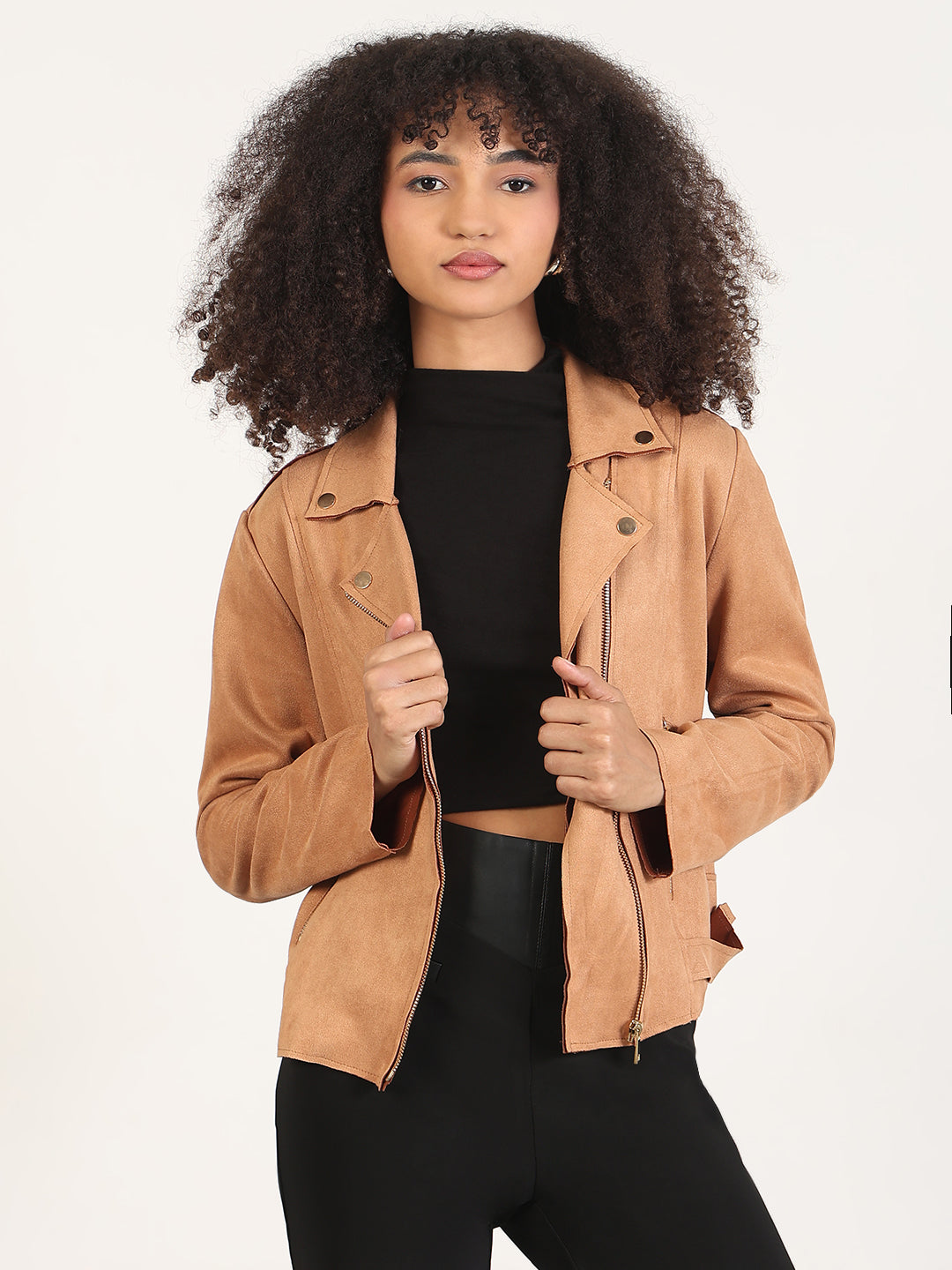 Women's Solid Brown Lapel Collar Jacket