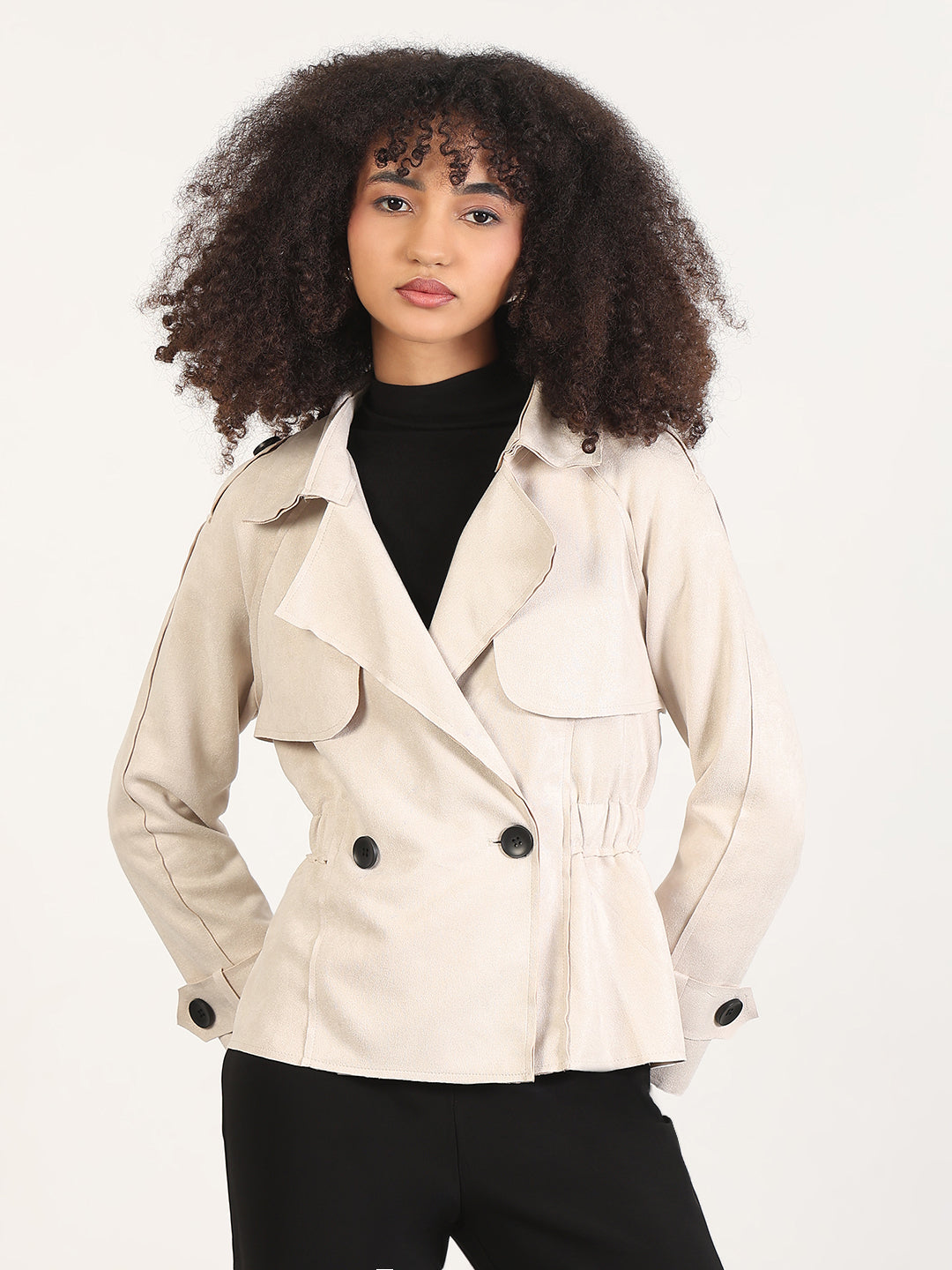 Women's Solid Beige Spread Collar Tailored Jacket
