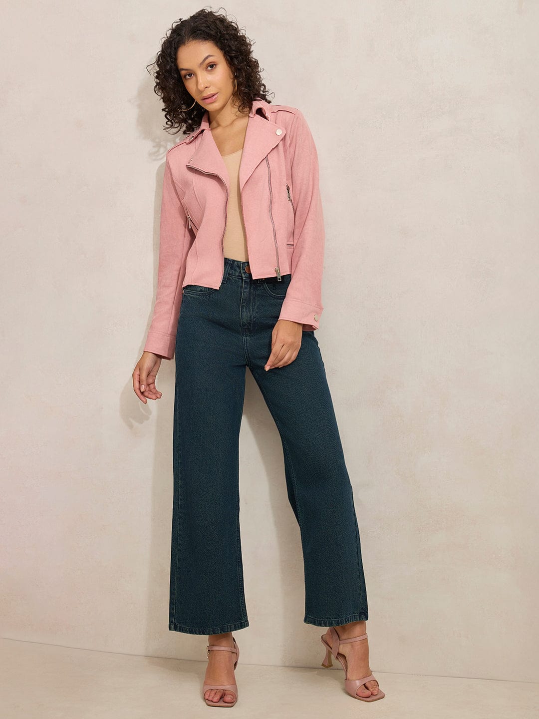 Women's Pink Asymmetric Zipper Biker Jacket