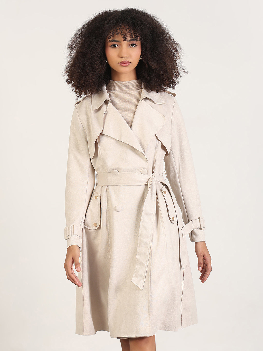 Women's Solid Beige Lapel Collar Longline Trench Coat with Fabric Belt and WristBelt