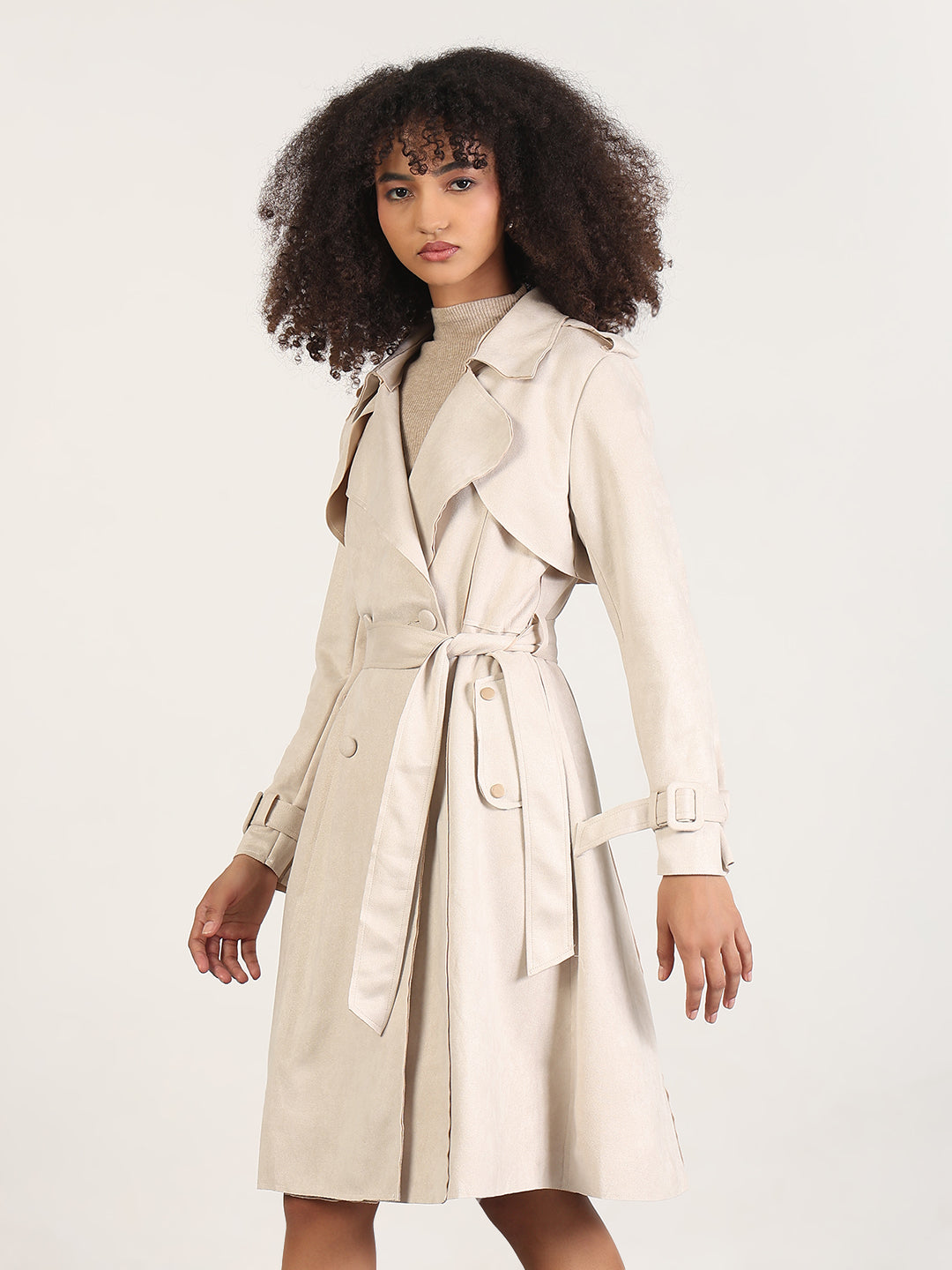 Women's Solid Beige Lapel Collar Longline Trench Coat with Fabric Belt and WristBelt