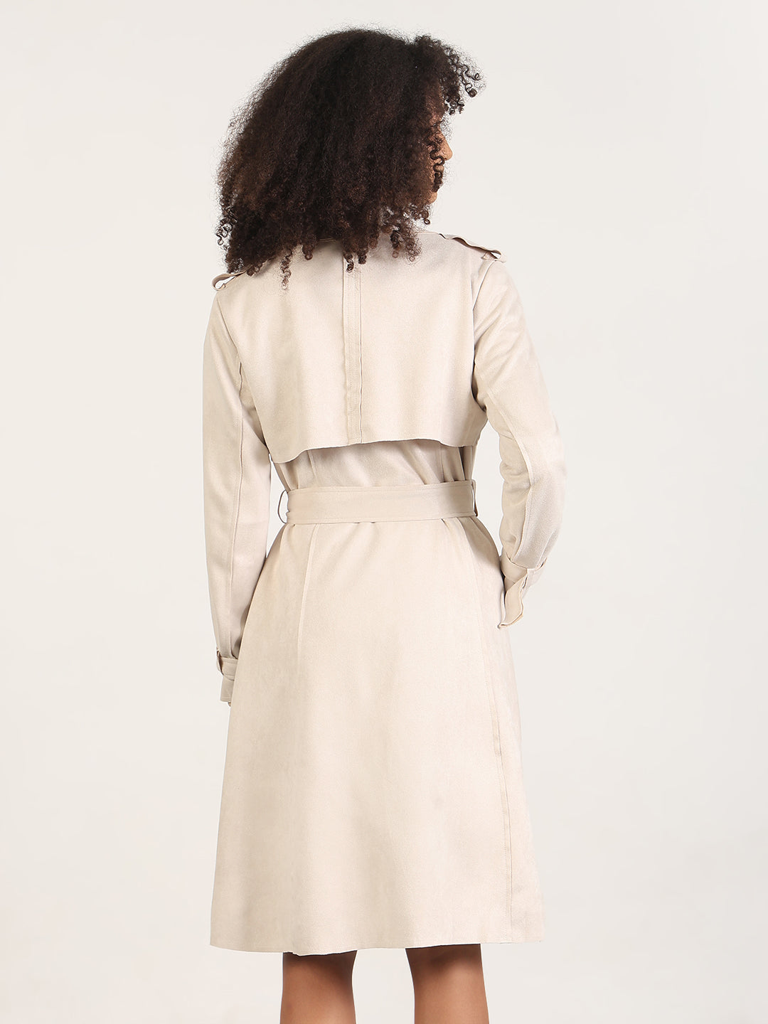 Women's Solid Beige Lapel Collar Longline Trench Coat with Fabric Belt and WristBelt