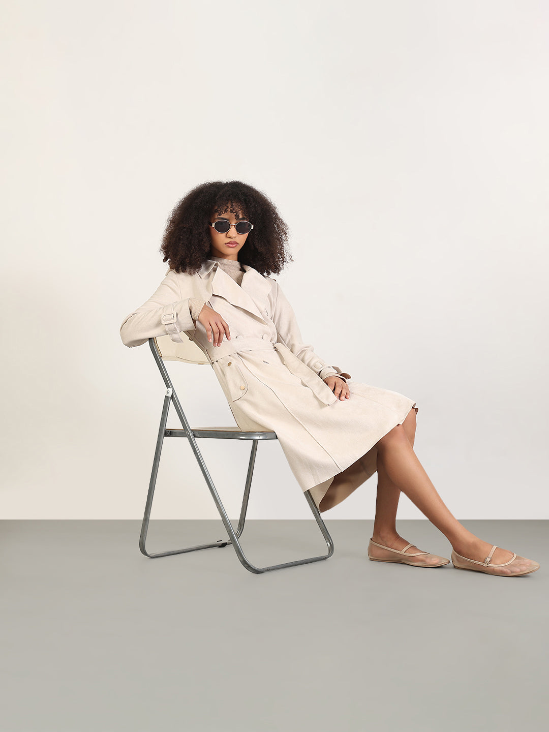 Women's Solid Beige Lapel Collar Longline Trench Coat with Fabric Belt and WristBelt