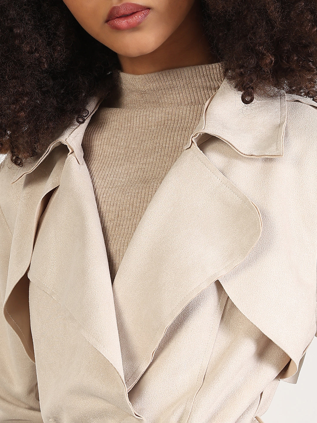 Women's Solid Beige Lapel Collar Longline Trench Coat with Fabric Belt and WristBelt
