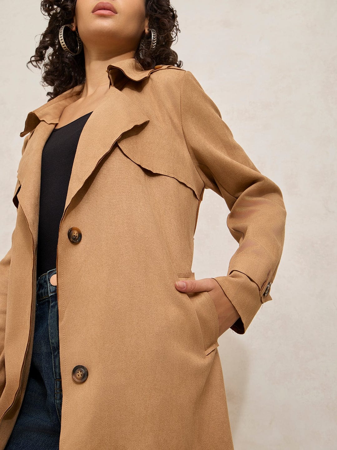 Women's Brown Trench Coat with Shoulder Flaps and Belt