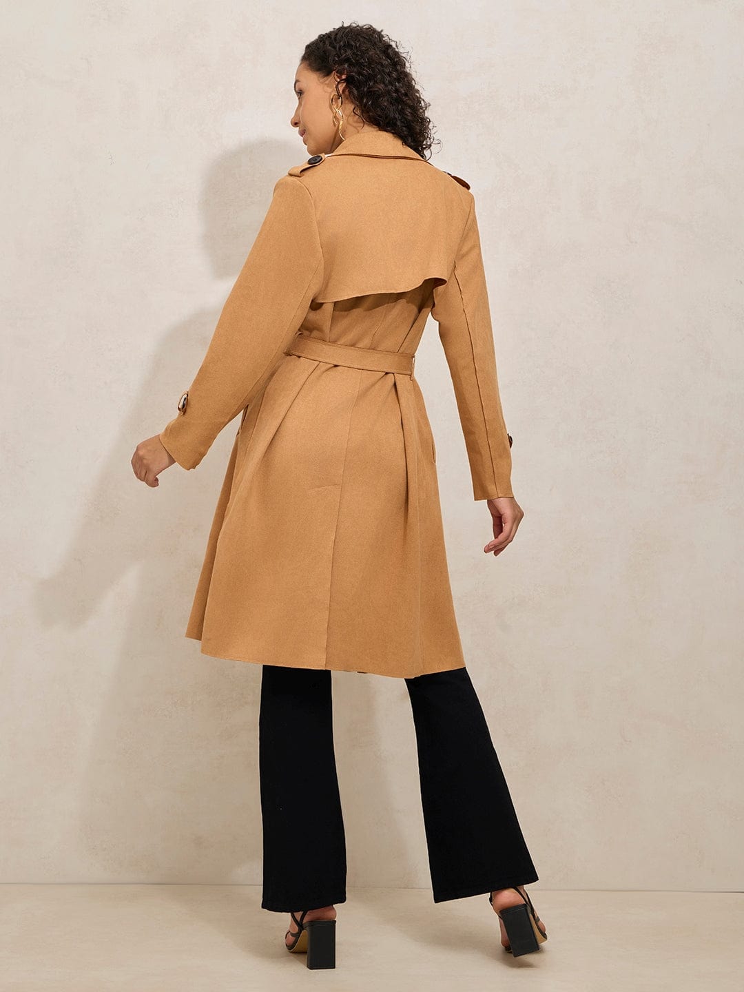 Women's Brown Double Breasted Trench Coat With Flap Detail