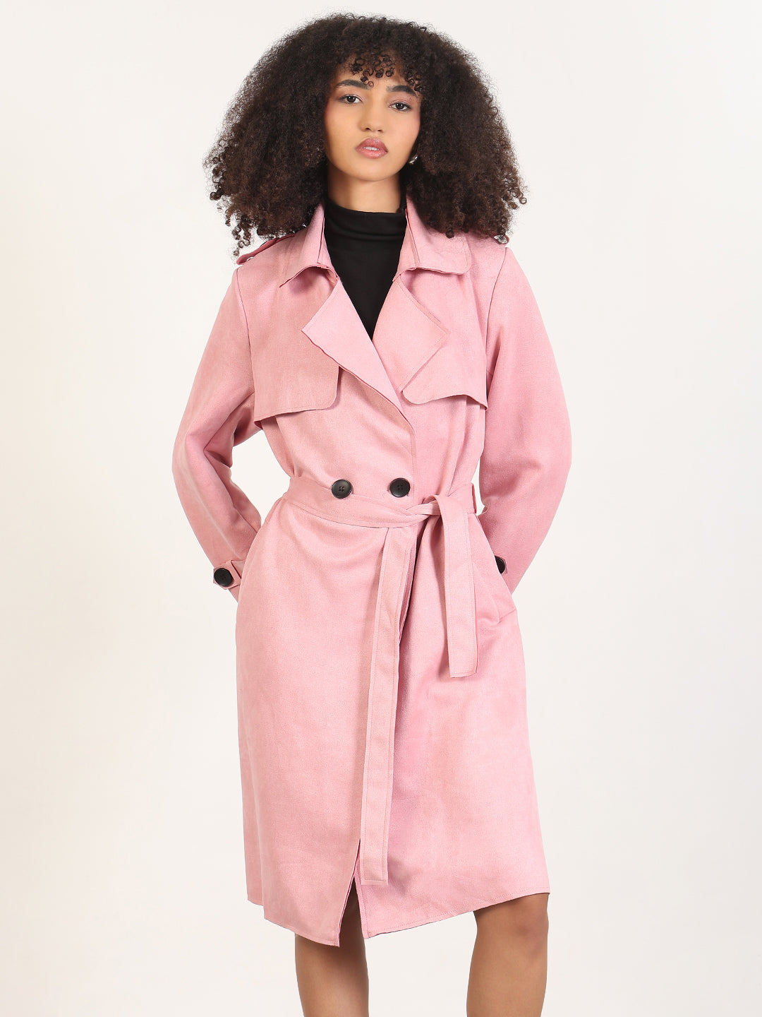 Women's Solid Pink Lapel Collar Longline Trench Coat with Fabric Belt