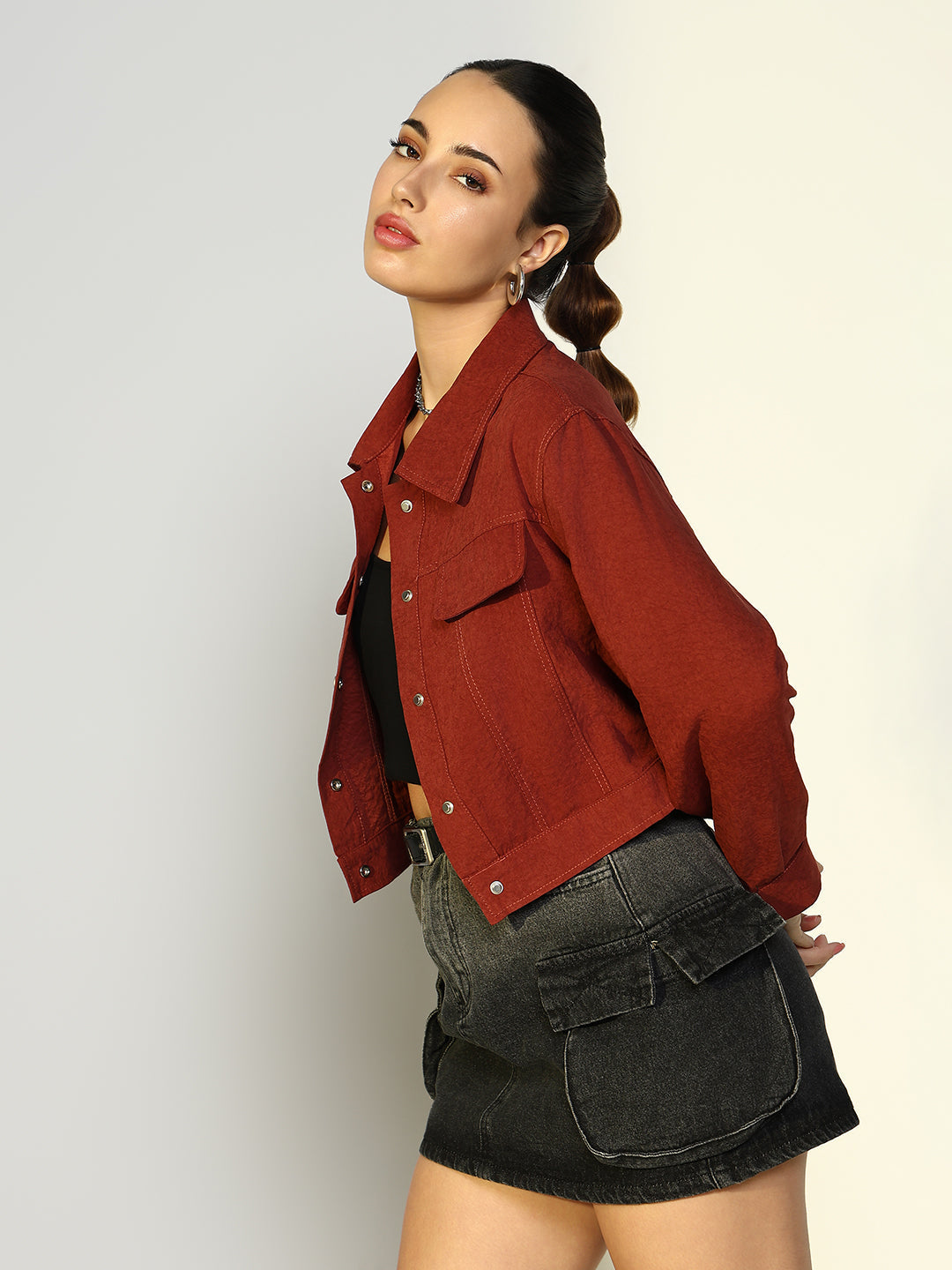 Women's Textured Red Jacket with Snap Buttons