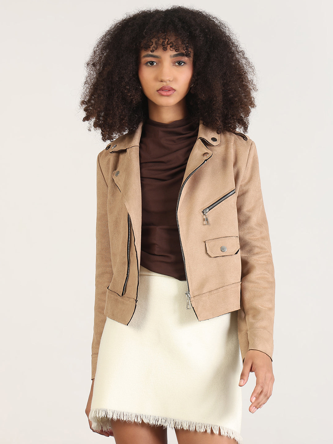 Women's Solid Beige Lapel Collar Tailored Jacket