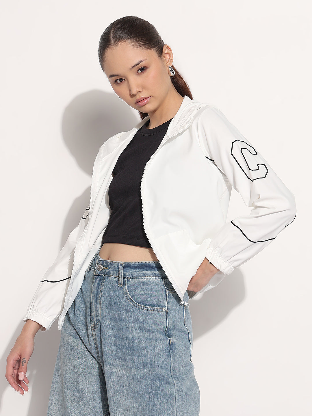 Women's White Hooded Bomber Jacket