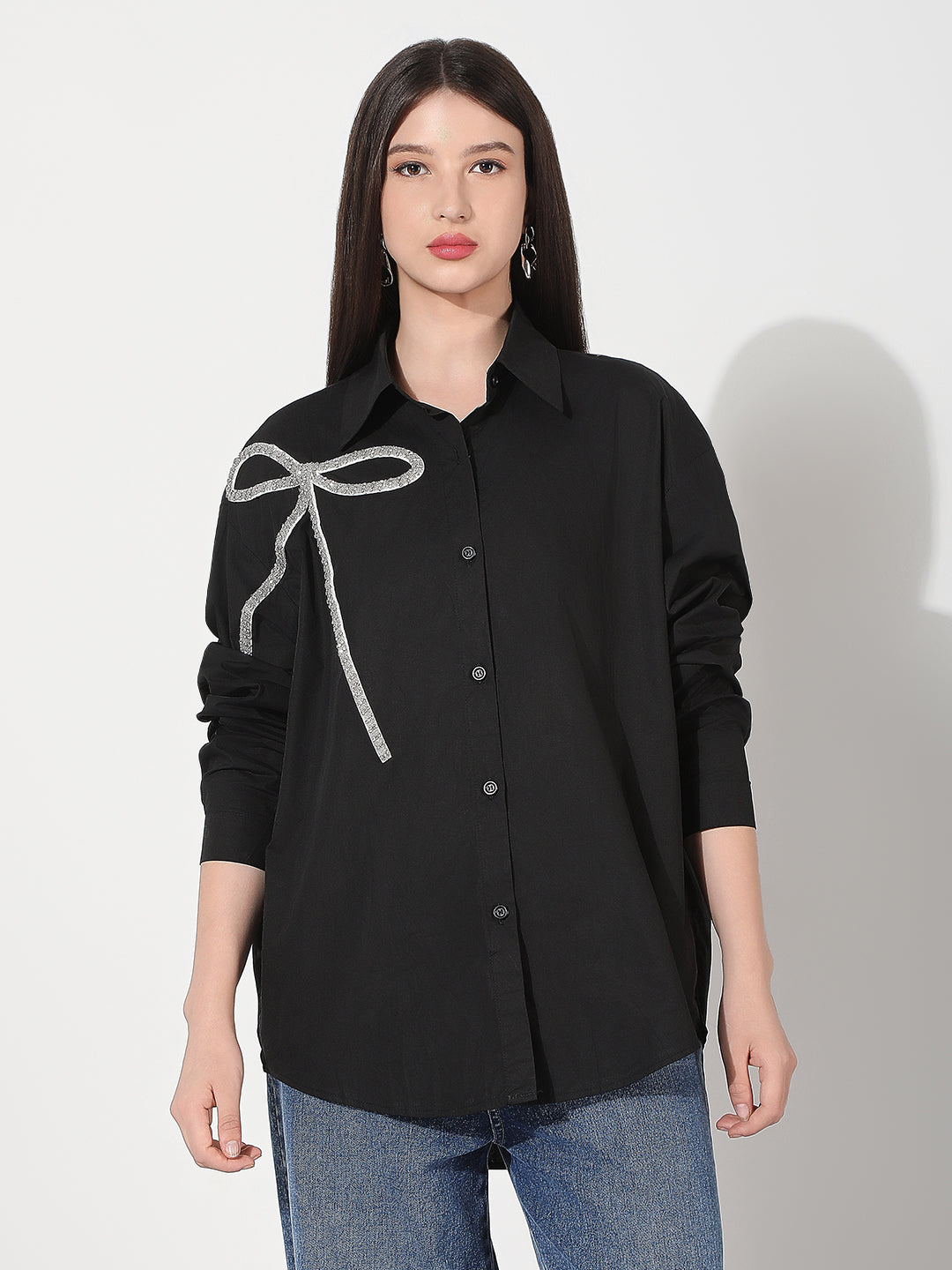 Women's Black Spread Collar Oversized Shirts