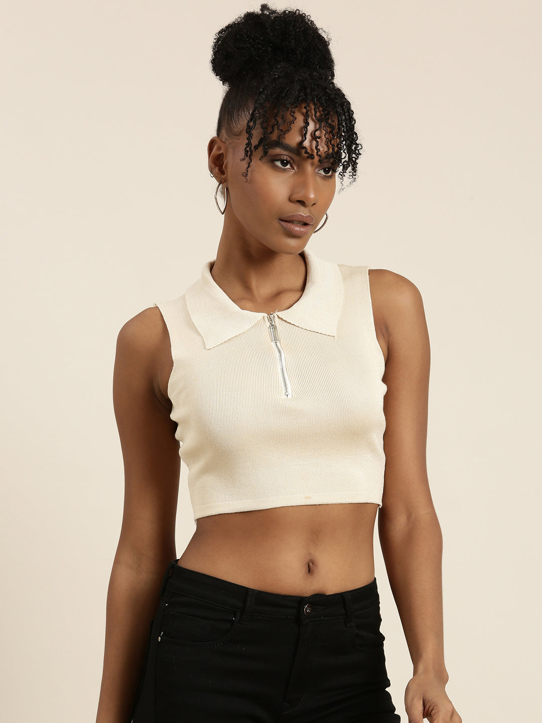Women's Beige Shirt Collar Sleeveless Cotton Fitted Crop Top