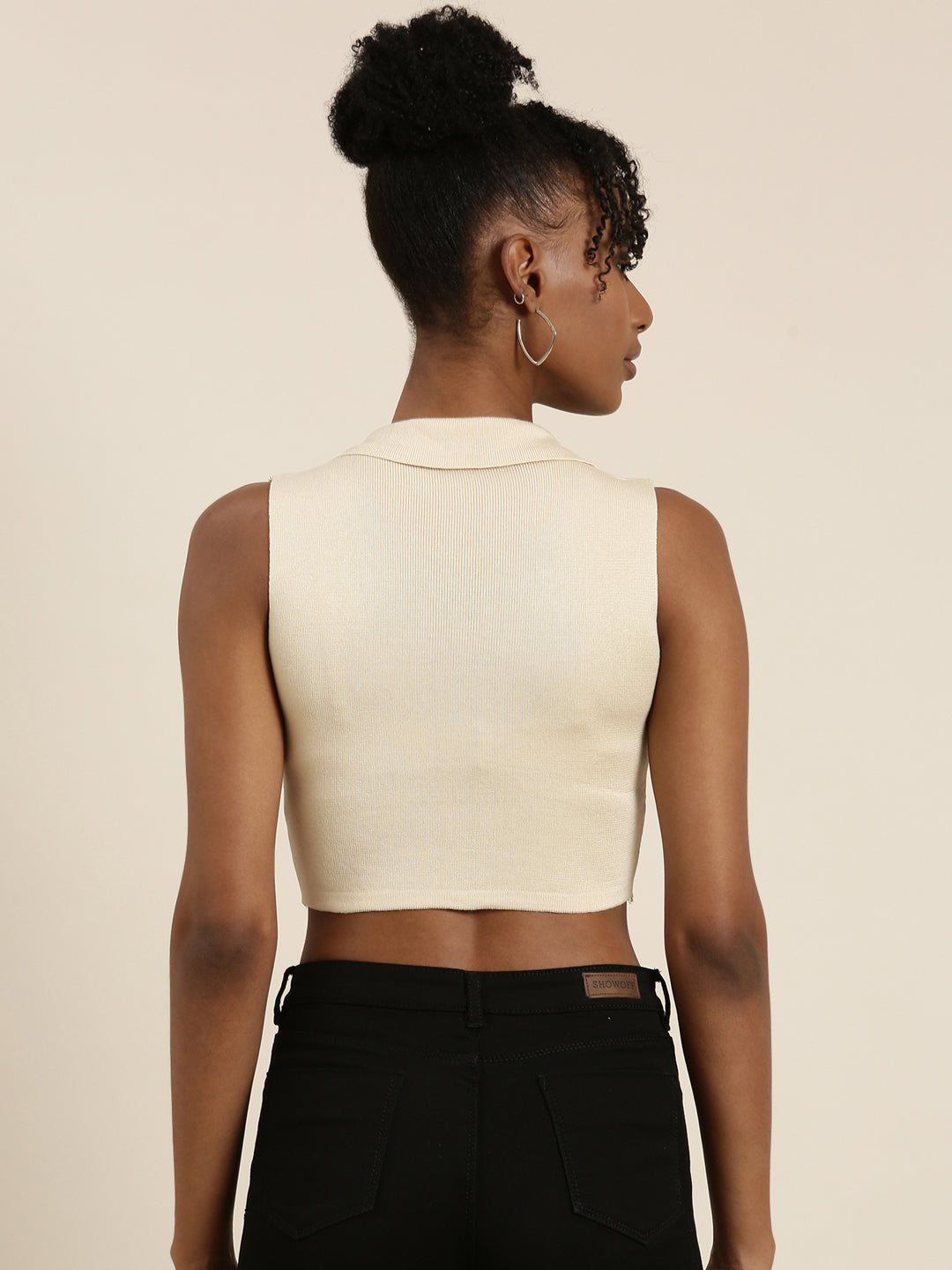 Women's Beige Shirt Collar Sleeveless Cotton Fitted Crop Top
