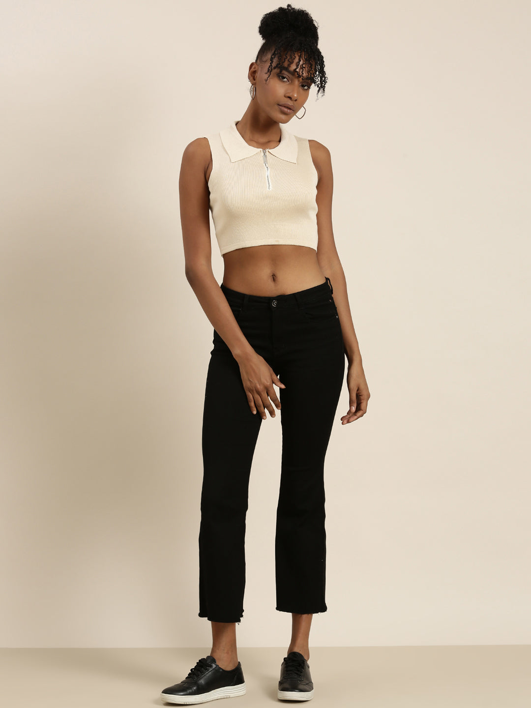 Women's Beige Shirt Collar Sleeveless Cotton Fitted Crop Top
