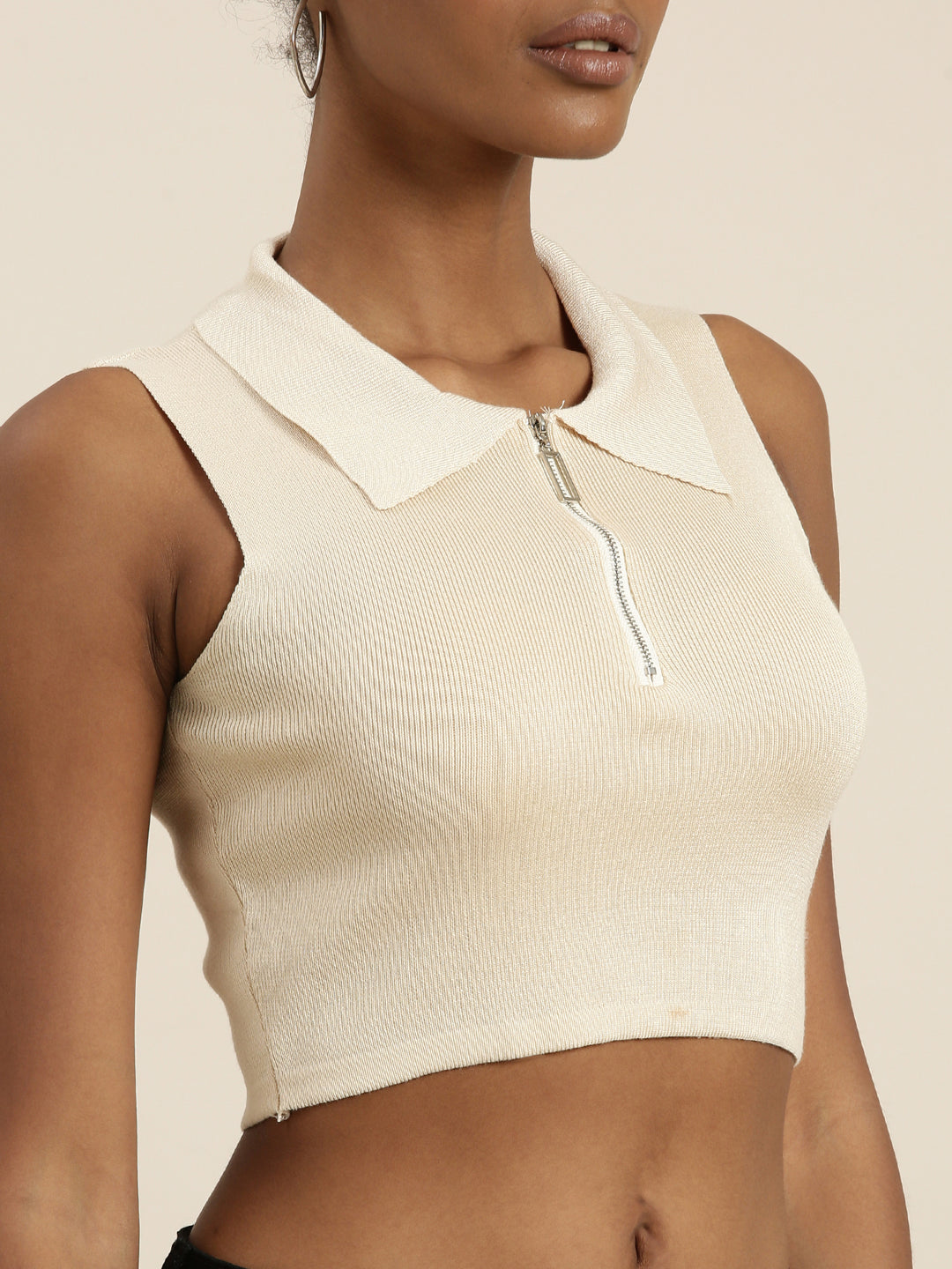 Women's Beige Shirt Collar Sleeveless Cotton Fitted Crop Top