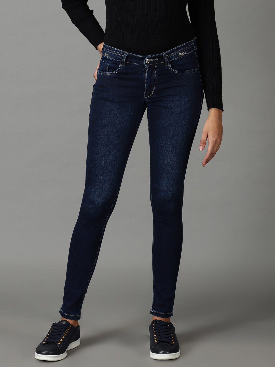 Women's Navy Blue Shade Clean Look Light Fade Slim Fit Acid Wash Stretchable Cotton Jeans