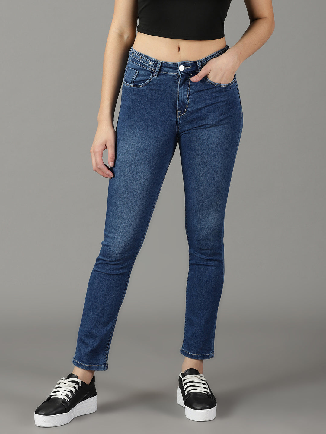 Women's Navy Blue Light Fade Acid Wash Stretchable Low-Rise Cotton Jeans