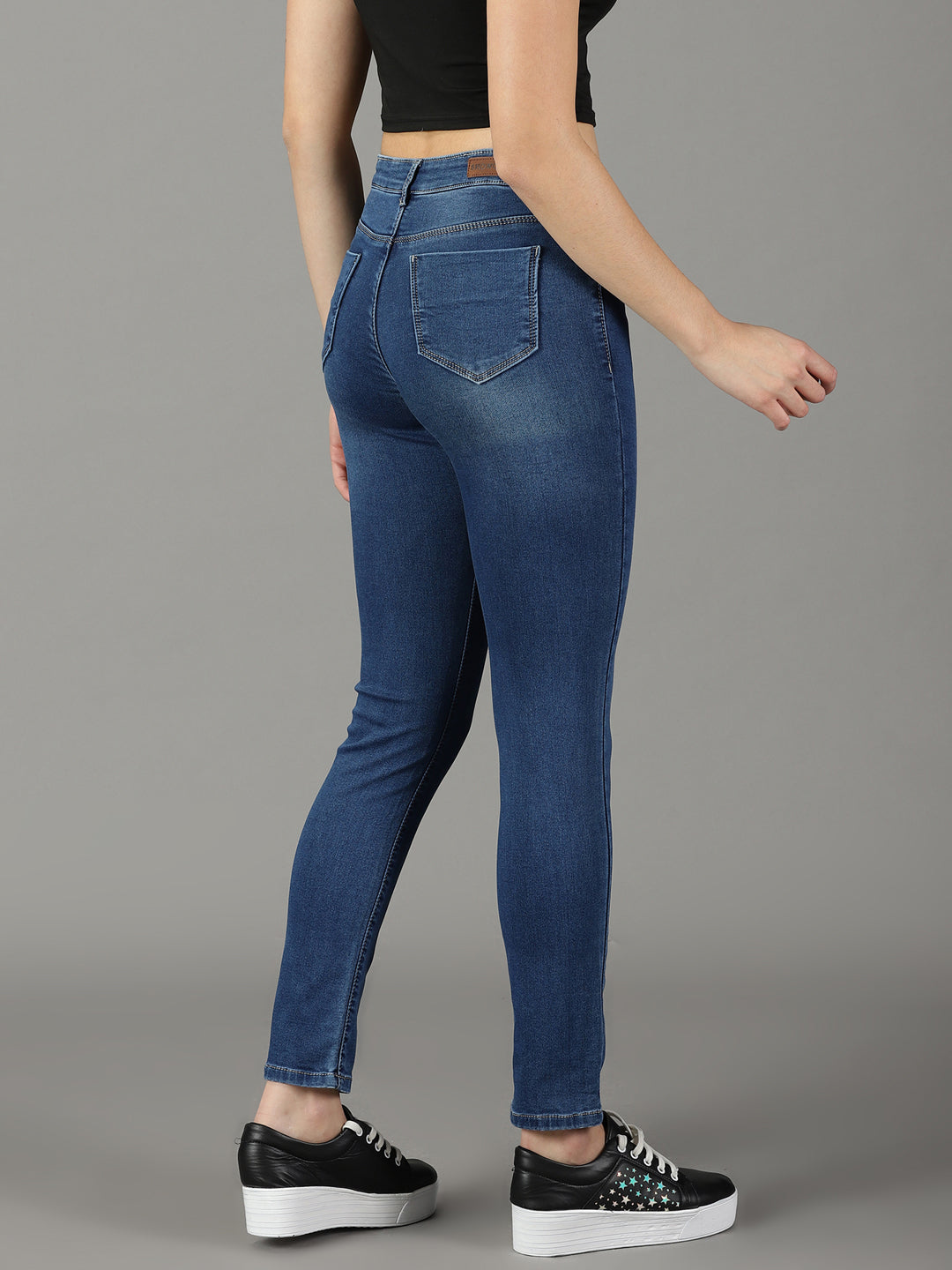 Women's Navy Blue Light Fade Acid Wash Stretchable Low-Rise Cotton Jeans