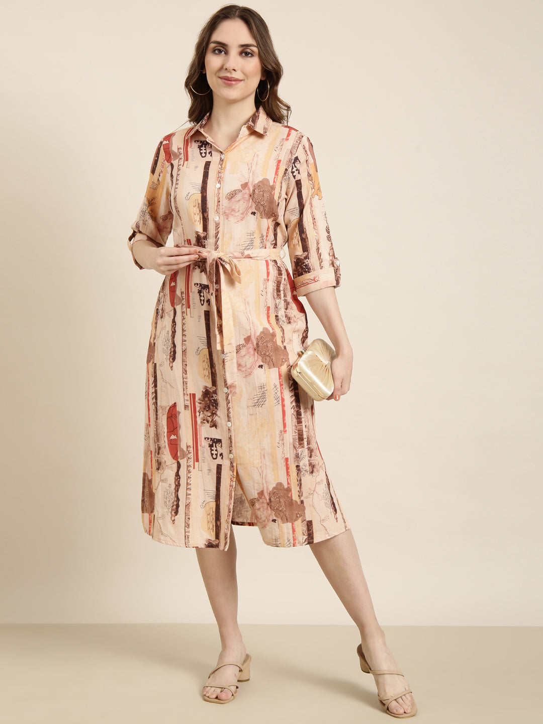 Women's Peach Floral Print Cotton Shirt Collar Shirt Midi Dress