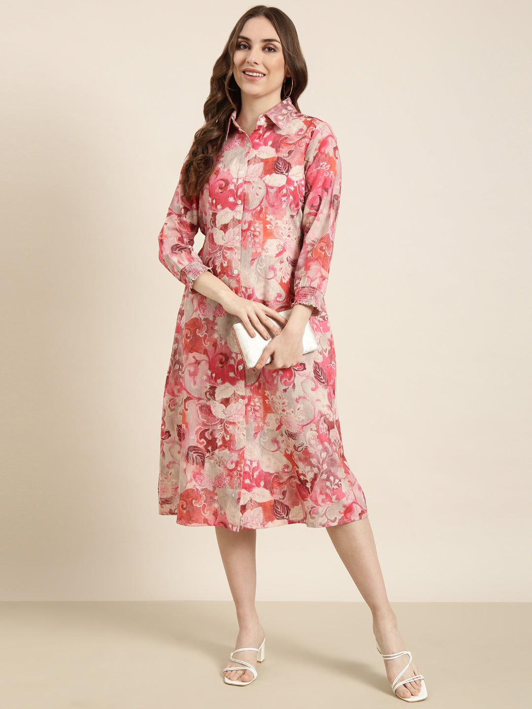 Women's Pink Floral Print Cotton A-Line Dress