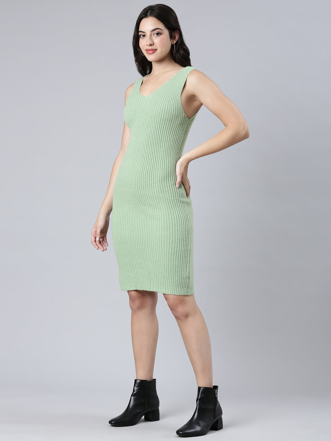 Women's Green Knee Length Self Design High Neck Striped Bodycon Dress