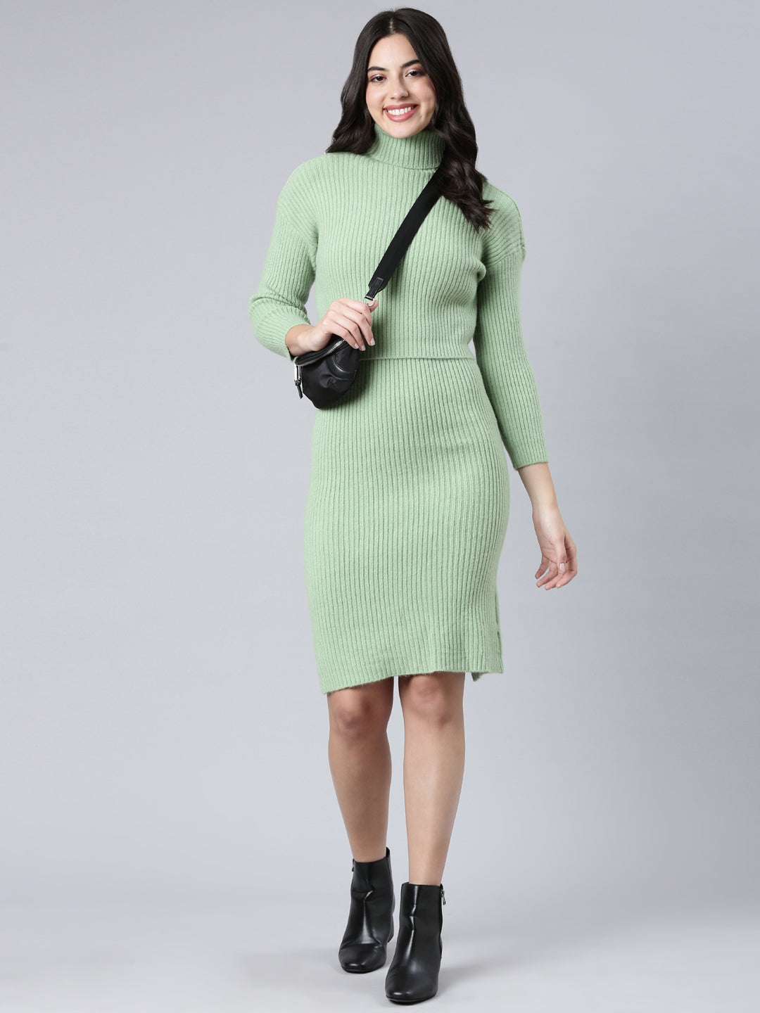 Women's Green Knee Length Self Design High Neck Striped Bodycon Dress