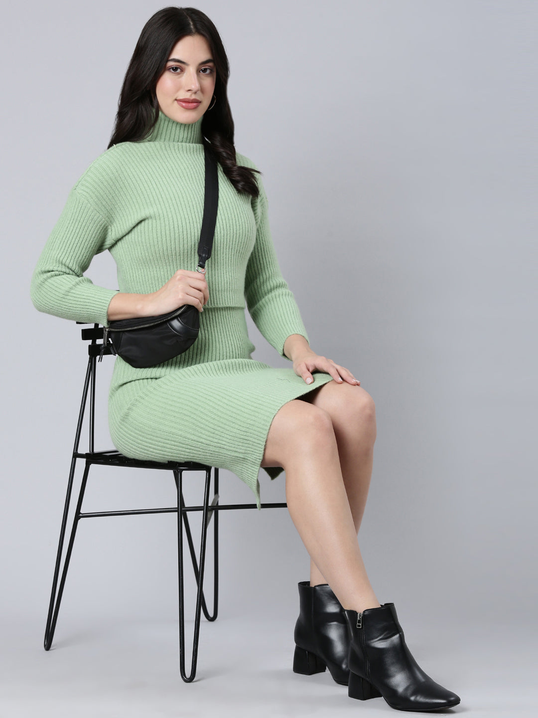 Women's Green Knee Length Self Design High Neck Striped Bodycon Dress