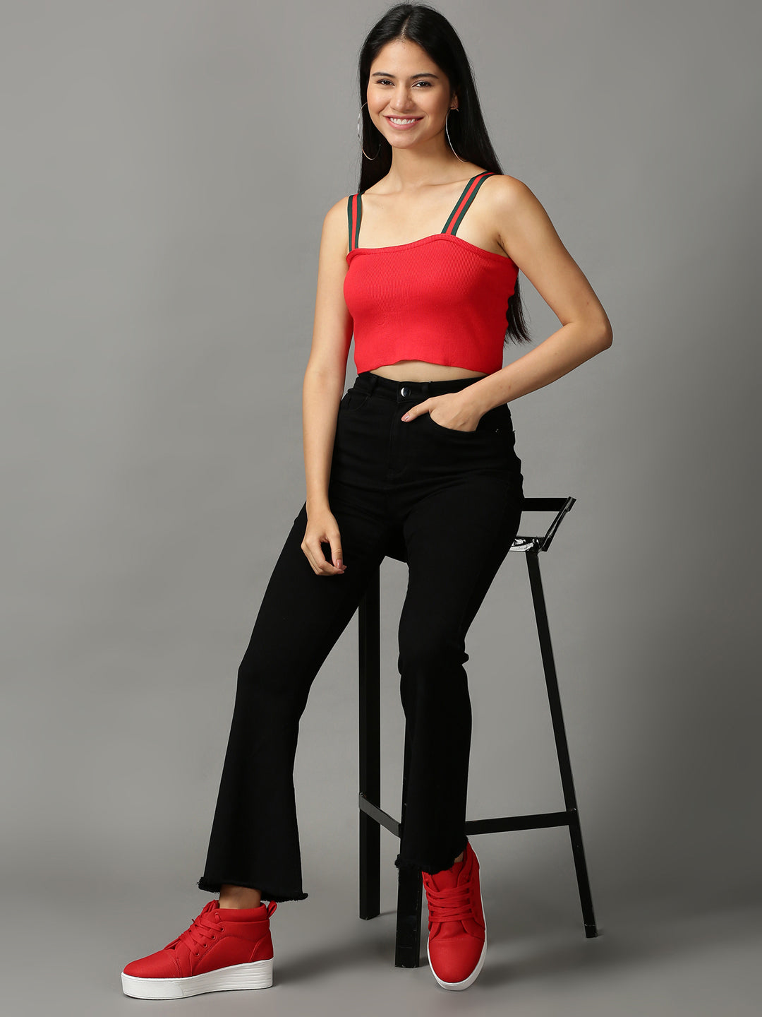 Women's Red Solid Crop Shoulder Straps Top