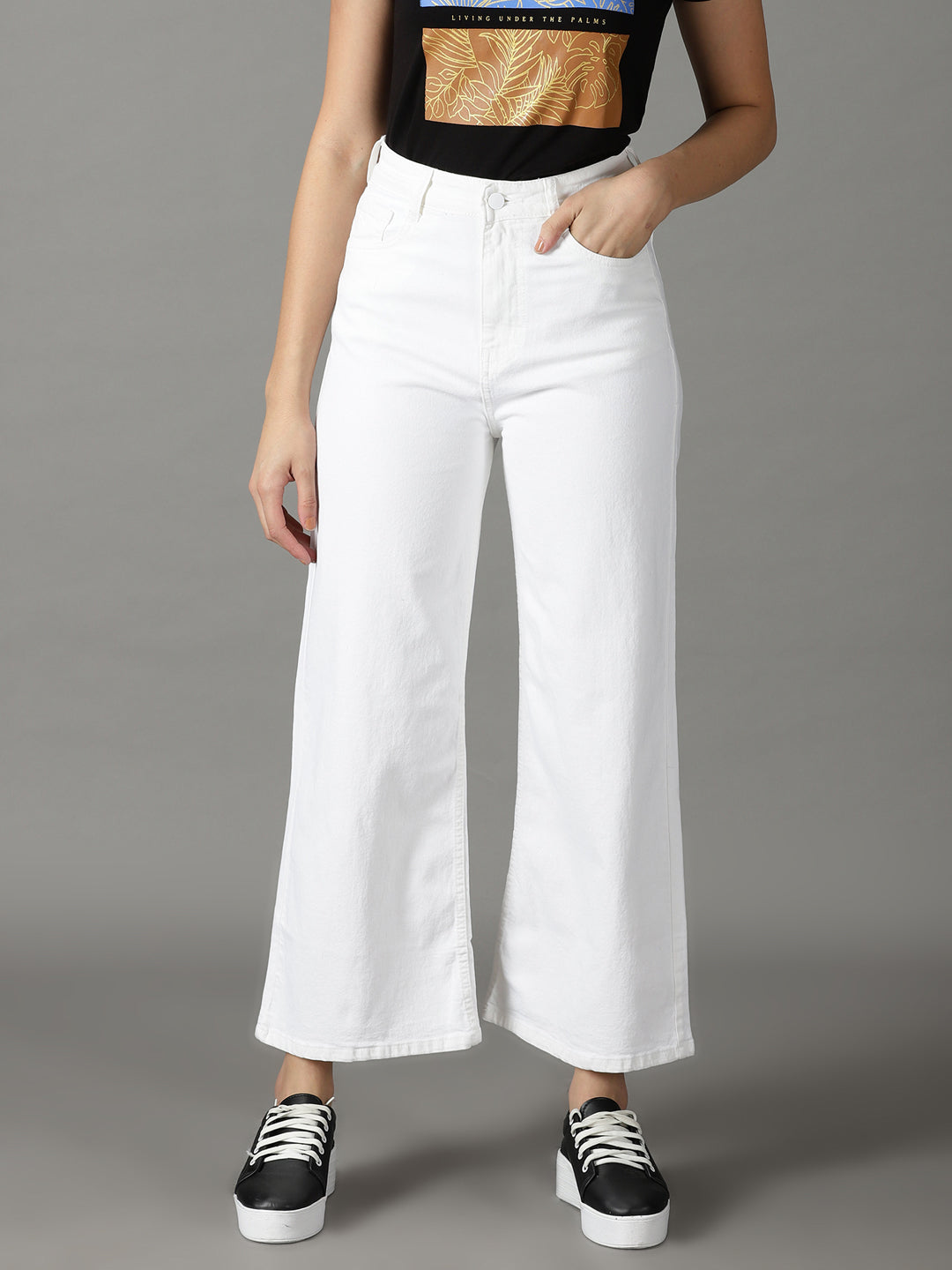Women's White Wide Leg High-Rise Stretchable Cotton Jeans