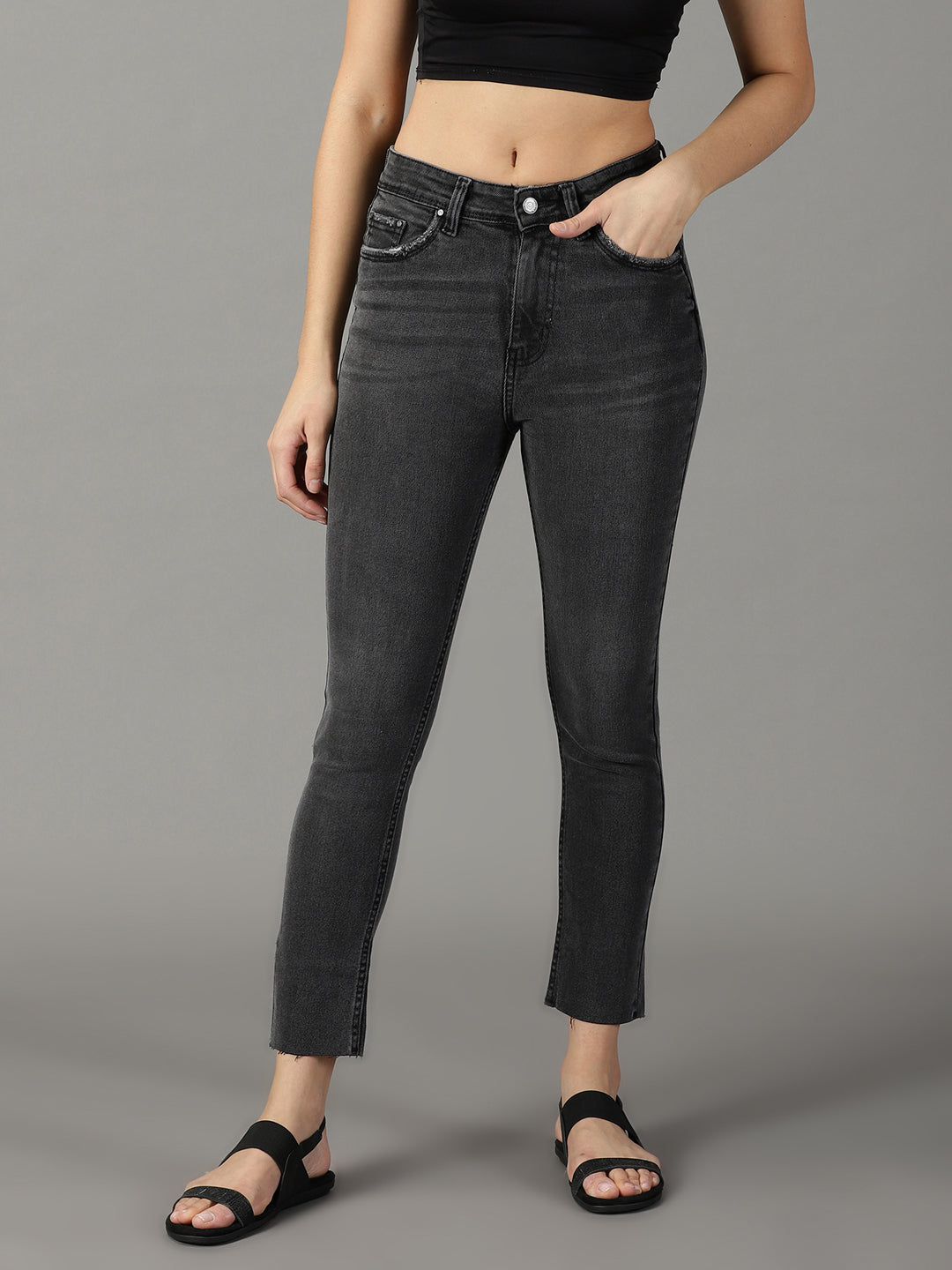 Women's Grey Slim Fit High-Rise Light Fade Stretchable Jeans