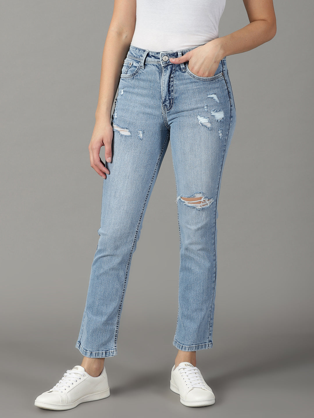 Women's Blue Mildly Distressed Light Fade Acid Wash High-Rise Stretchable Jeans