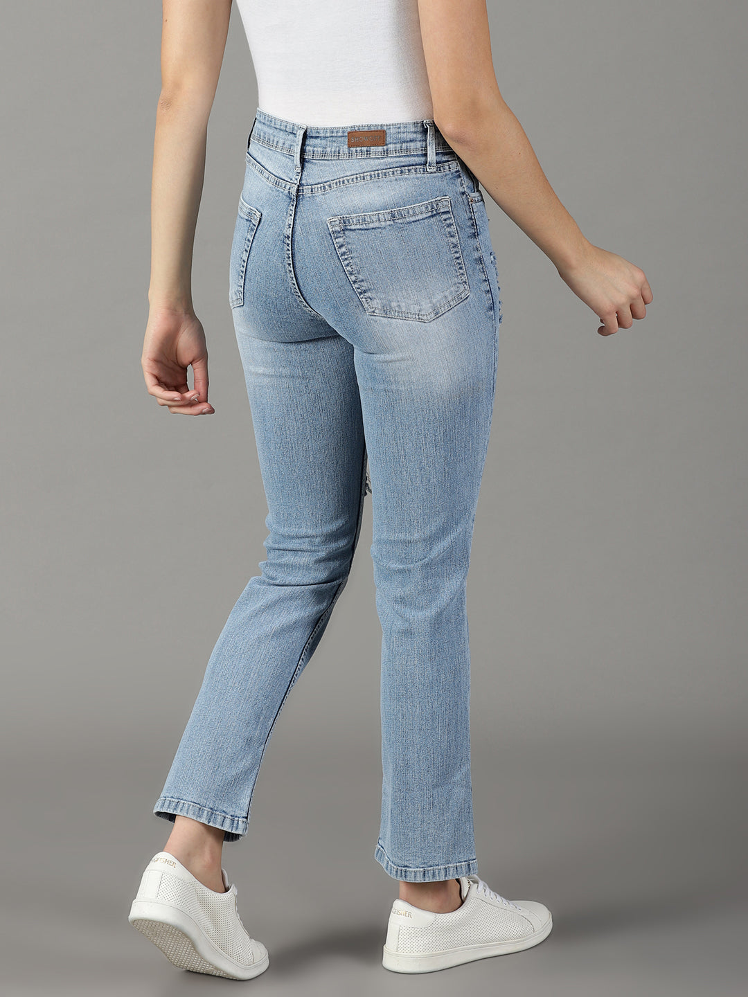 Women's Blue Mildly Distressed Light Fade Acid Wash High-Rise Stretchable Jeans