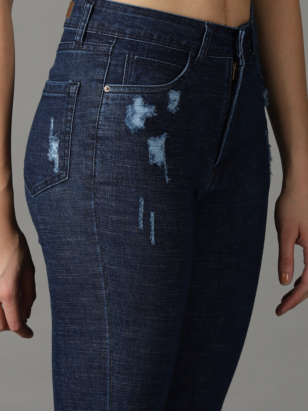 Women's Navy Blue Bootcut Low Distress Light Fade Stretchable Cotton Jeans