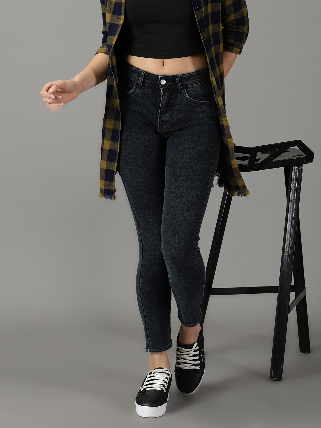 Women's Black Slim Fit High-Rise Acid Wash Stretchable Cotton Jeans