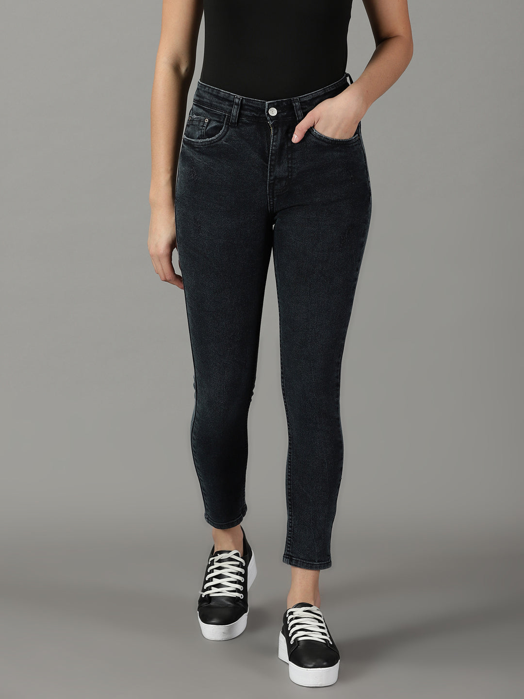 Women's Black Slim Fit High-Rise Acid Wash Stretchable Cotton Jeans