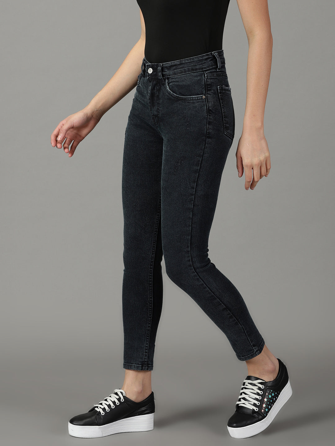 Women's Black Slim Fit High-Rise Acid Wash Stretchable Cotton Jeans