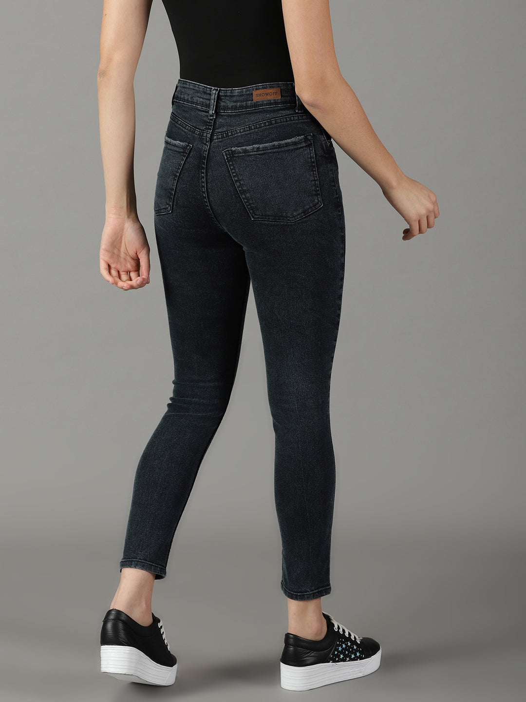 Women's Black Slim Fit High-Rise Acid Wash Stretchable Cotton Jeans
